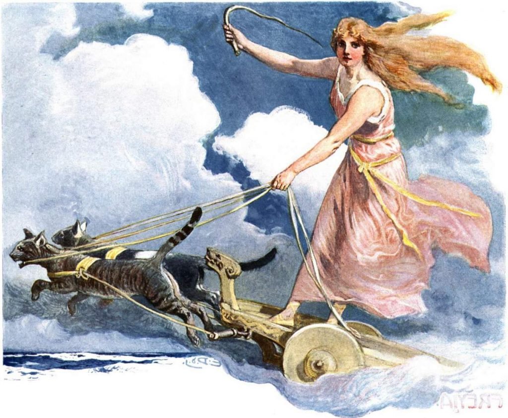 Фрейя, предводительница валькирий, в колеснице, запряжённой двумя котами.